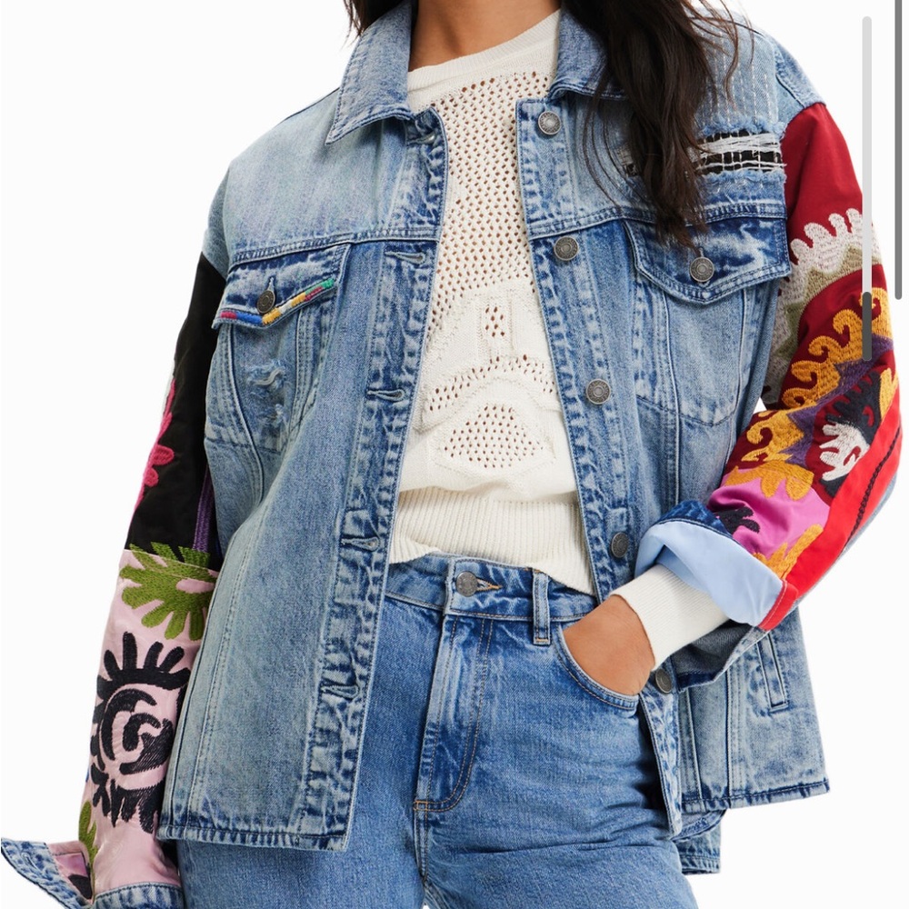 NWT Desigual Embroidered Denim Jacket with Colorful Sleeves, size M